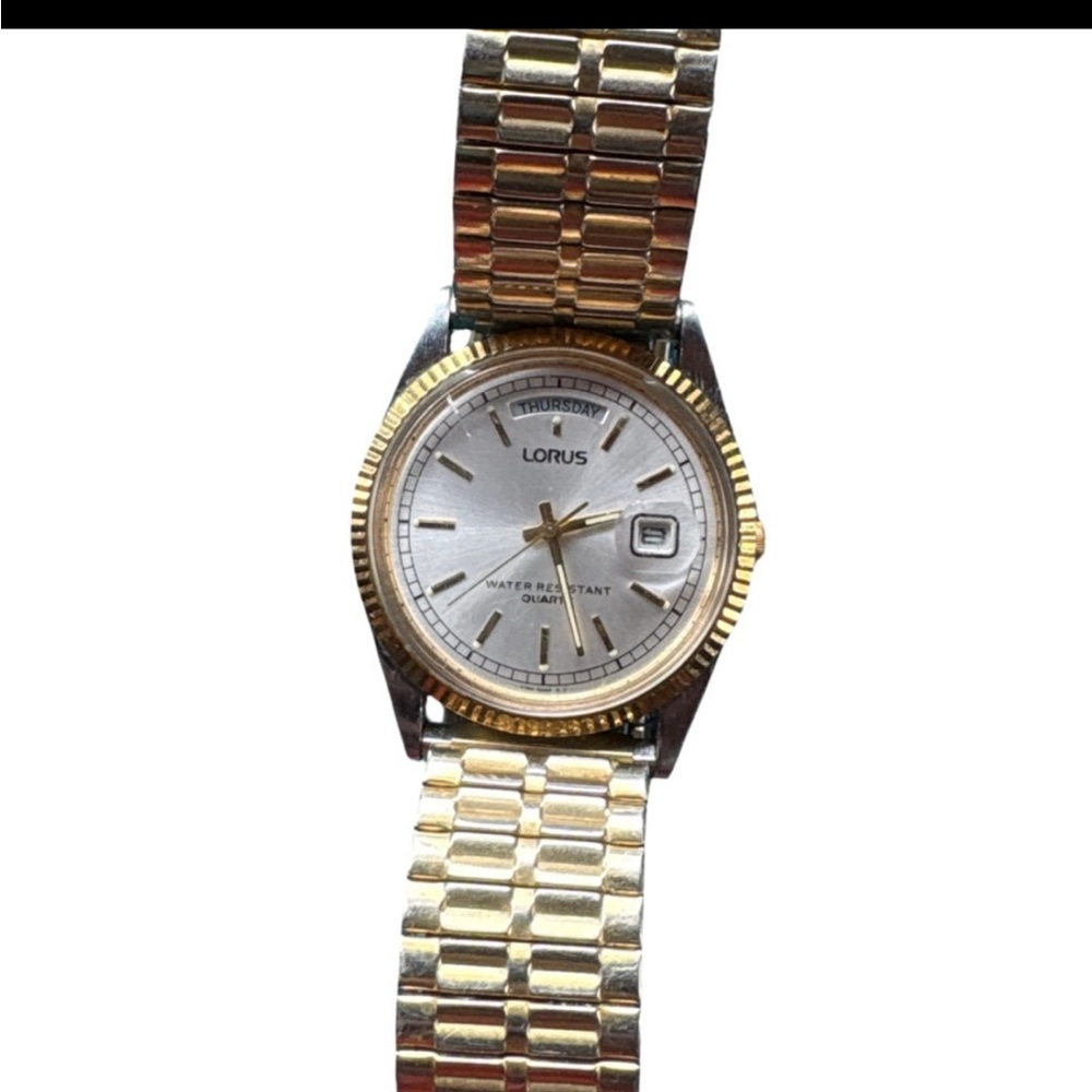 Vintage Lorus President Gold Tone Mens Watch Silver Face Spiedel Band V744-8A50